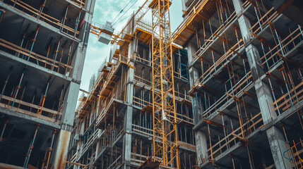 A construction site with a large yellow crane and partially built concrete structures surrounded by scaffolding and reinforcing bars