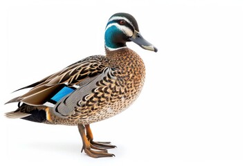 Obraz premium the beside view of a Blue-winged Teal, left side view, white copy space on right, dutch angle view, isolated on white background
