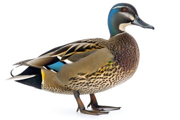 Obraz premium the beside view of a Blue-winged Teal, left side view, white copy space on right, dutch angle view, isolated on white background