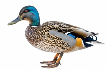 Obraz premium the beside view of a Blue-winged Teal, left side view, white copy space on right, dutch angle view, isolated on white background