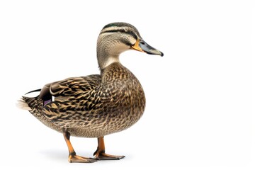 Obraz premium the beside view of a Indian Spot-billed Duck, left side view, white copy space on right, dutch angle view, isolated on white background