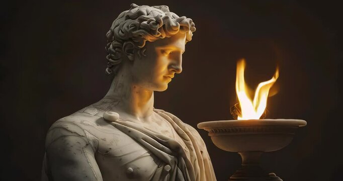 Ancient Apollo god statue with burning Olympic flame symbolizing unity, tradition, and sportsmanship against dark background
