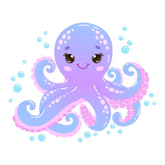 Cute cartoon octopus with bubbles. Vector Illustration for children's books, nursery decor and other creative projects