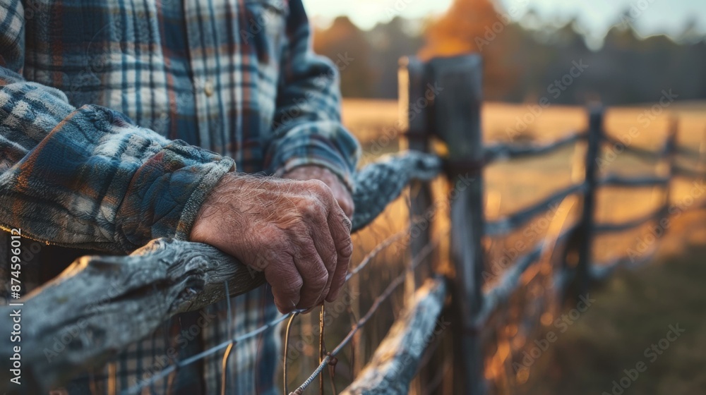 Sticker A farmer leans on a fence and looks out at his land. AI.