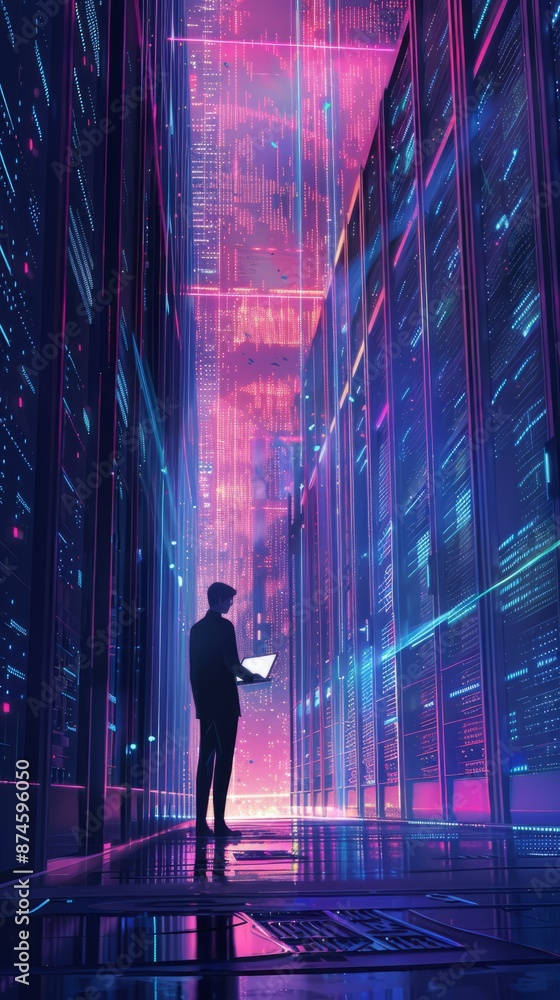 Poster futuristic animated concept: big data center chief technology officer using laptop standing in wareh