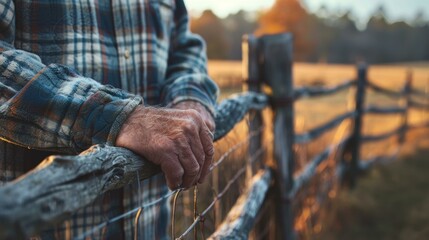Fototapeta premium A farmer leans on a fence and looks out at his land. AI.