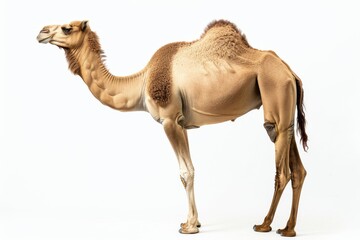 the beside view of a Nari Camel, left side view, white copy space on right, dutch angle view, isolated on white background