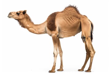 the beside view of a Somali Camel, left side view, white copy space on right, dutch angle view, isolated on white background