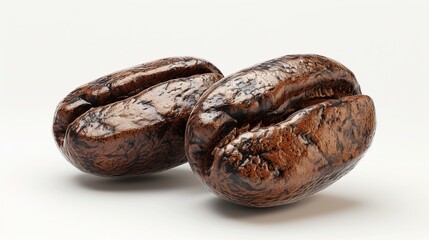 Obraz premium High-quality 3D rendering of two realistic coffee beans, emphasizing texture and detail, set against a clean white background
