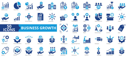 Business growth icon collection set. Containing market share, planning, revenue, decision making, strategy, idea, opportunity icon. Simple flat vector