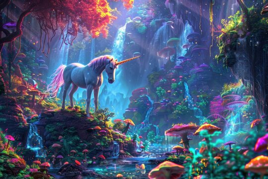 Magical unicorn standing in a fantasy forest with waterfalls and glowing mushrooms.  Beautiful, magical and mystical fantasy art illustration.
