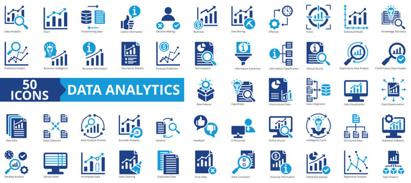Data analytics icon collection set. Containing chart, forecast prediction, useful information, decision making, business intelligence, data mining, effective icon. Simple flat vector