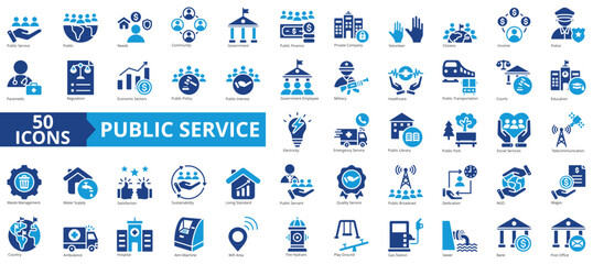 Public service icon collection set. Containing policy, needs, community, government employee, public finance, interest, volunteer icon. Simple flat vector