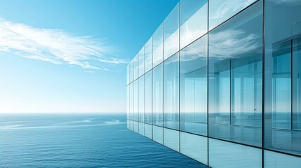 Modern glass building reflecting the sky and ocean, creating a seamless blend of architecture and nature, emphasizing transparency and minimalism