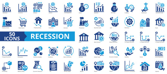 Recession icon collection set. Containing economic, inflation, decline, unemployment, debt, business, bankrupt icon. Simple flat vector