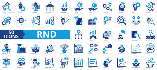 RND icon collection set. Containing research and development, innovative, corporation, government, improving, services, product icon. Simple flat vector