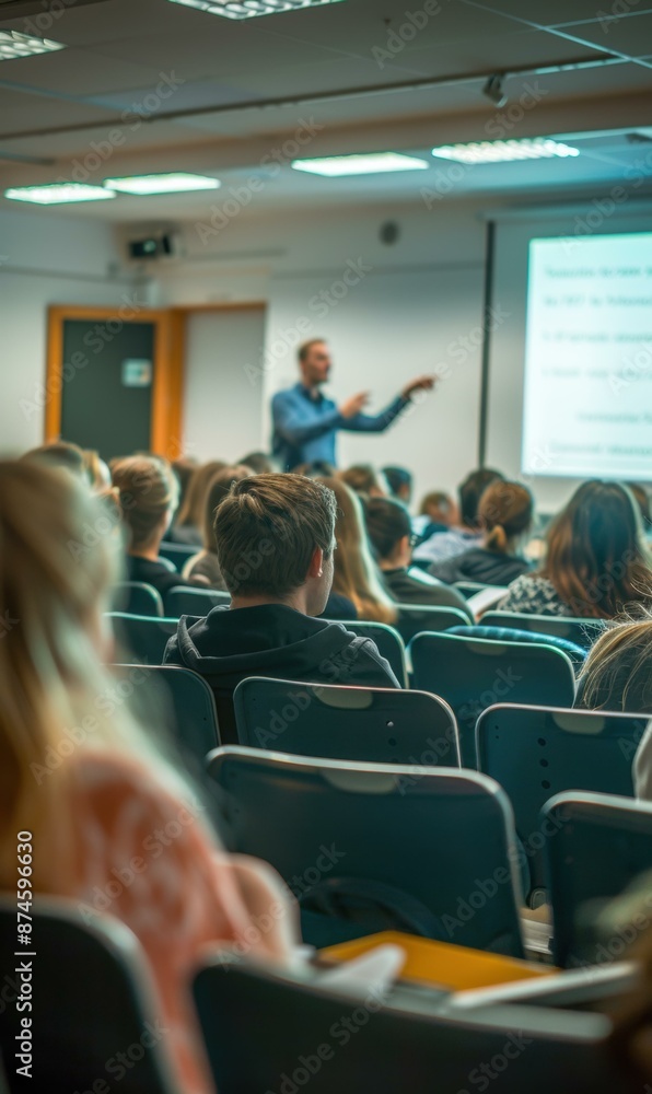 Poster students attentively listening to a lecture in a college classroom. ai.