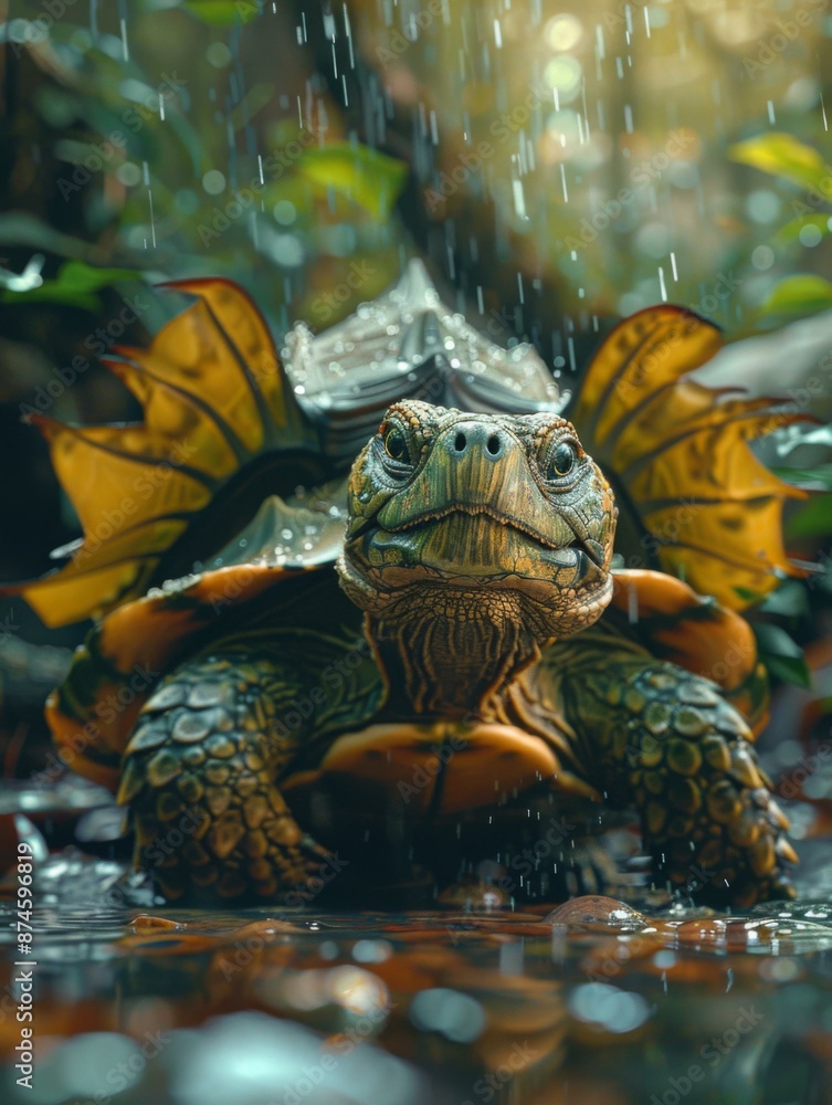 Poster a green turtle with yellow markings on its shell is standing in a shallow pool of water. ai.