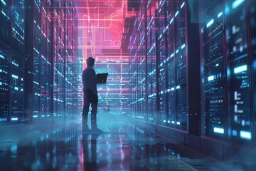 Obraz premium Futuristic Animated Concept: Big Data Center Chief Technology Officer Using Laptop Standing In Warehouse, Information Digitalization Lines Streaming Through Servers. SAAS, Cloud Computing