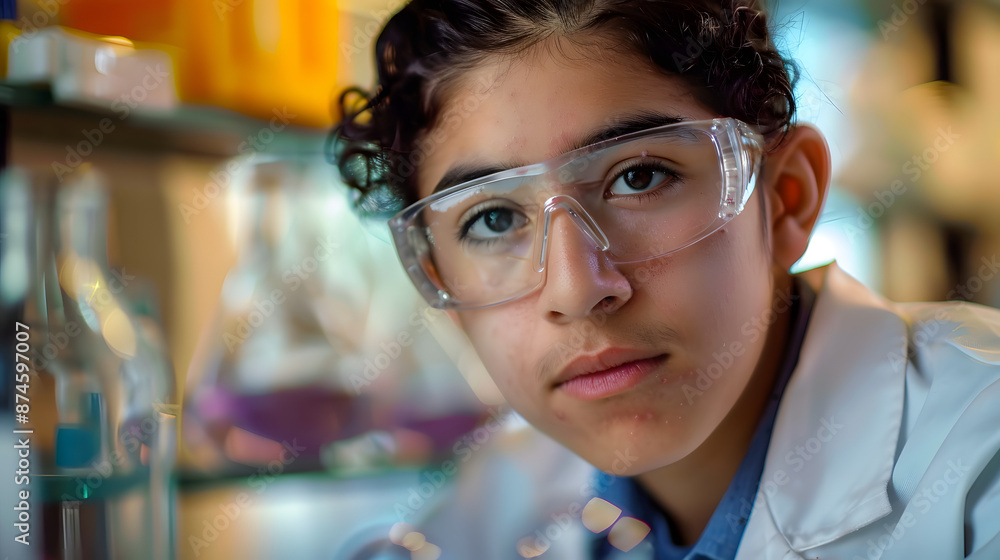 Aufkleber the close up picture of the young hispanic scientist student looking at the camera while wearing the