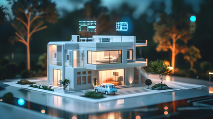 A modern house with smart home technology and energy efficiency, in the style of an electric car charging station. 