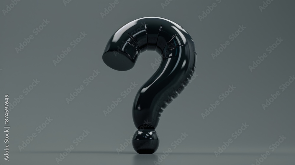 Poster a black inflatable 3d question mark with a matte surface and sharp edges representing curiosity and 