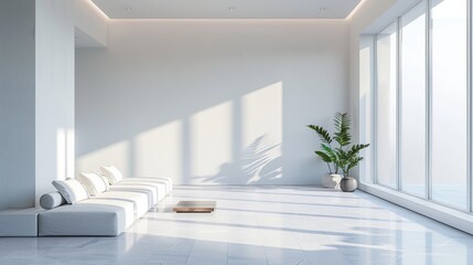 Fototapeta premium Minimalist interior of a white room with soft, diffused lighting creating subtle shadows, emphasizing simplicity and elegance