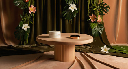 A round wooden pedestal for product presentation, on a lush and vibrant background of exotic flowers and green leaves. for text