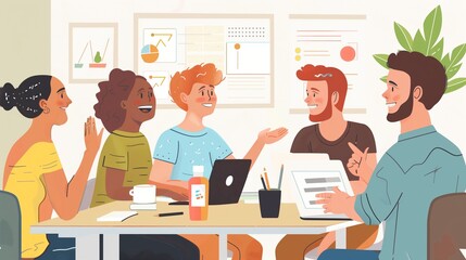 Successful teamwork in a diverse office: Colleagues smiling and talking in a productive meeting