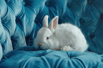 fluffy baby white bunny lounging elegantly on a plush blue cushion