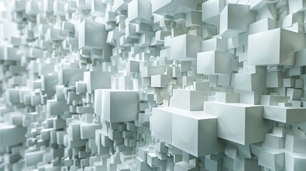 Abstract composition of white 3D cubes arranged in a random pattern, creating a sense of depth and texture