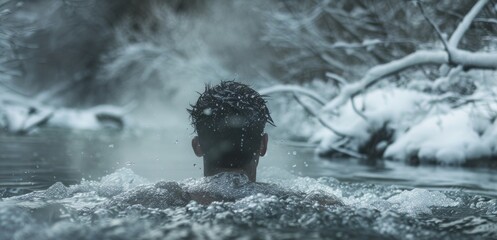 Obraz premium A person emerging from the freezing depths of a forest stream their skin covered in goosebumps and steam rising from their body.