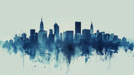 Fototapeta premium Minimalist cityscape silhouette in shades of blue against a light gray background, highlighting modern urban design