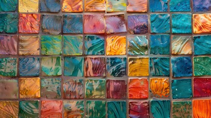 A detailed view of a mosaic tile with vibrant colors and a glossy finish