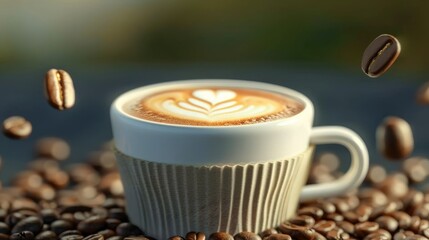 An inviting closeup of a frothy cappuccino with latte art surrounded by coffee beans and a cozy café ambiance evoking the warmth and comfort of a perfect coffee moment