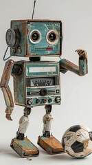 Fototapeta premium Retro Toy Tin Robot football player or athlete plays with vintage soccer ball, sport game, old technology and science concept, isolated on white background