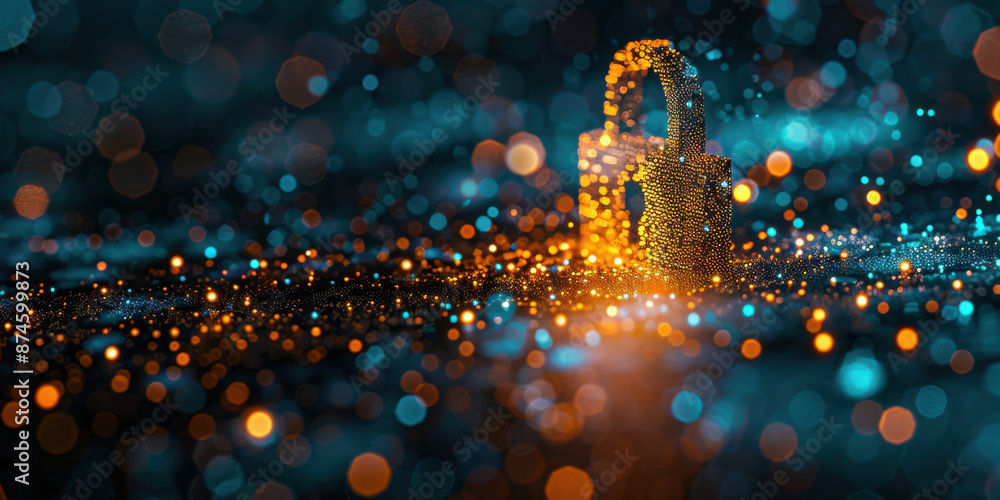 Poster digital padlock glowing with orange lights on a dark abstract background, symbolizing cybersecurity 