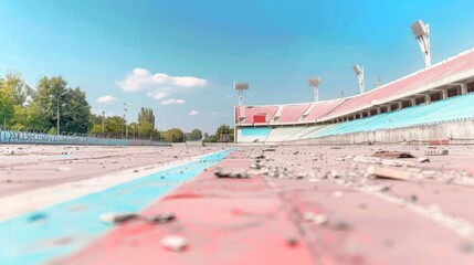 An empty stadium with scattered debris the silence and desolation reflecting the loss of communal joy and shared experiences