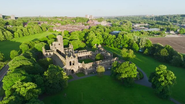 Kirkstall Abbey from a drone, Kirkstall, River Aire, Leeds, West Yorkshire, England
