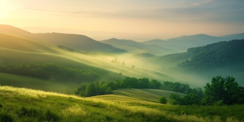 Fototapeta premium A beautiful, lush green field with a foggy mist in the air. The mist gives the scene a serene and peaceful atmosphere