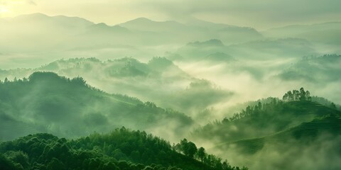 A lush green mountain range with foggy mist covering the peaks. The misty atmosphere gives the scene a serene and peaceful mood, as if the mountains are enveloped in a soft, calming embrace