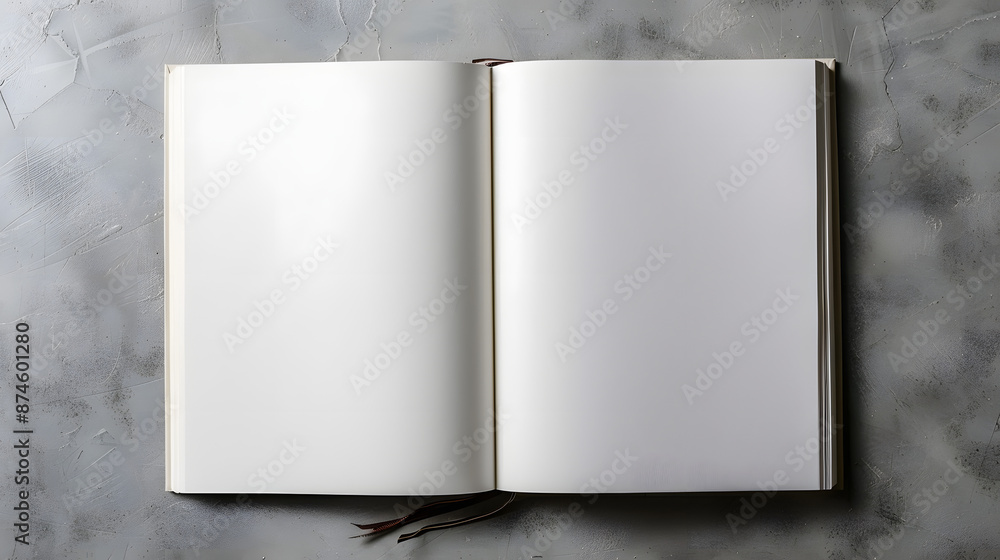 Poster open notebook with blank pages on grey textured background, top view. mockup for design