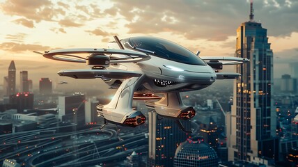 Naklejka premium Futuristic flying car over modern cityscape at sunset