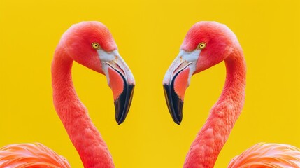 Obraz premium left and right a flamingo and in the middle free space, yellow background, photorealistic, depth of field, intense colors, clear sharpness, hyperdetailed, >