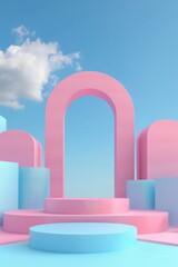 On the podium, Simple style, bright, the background is an arch made of colorful building blocks, Pink background, sky blue background, bright environment, c4d, Octane Render 