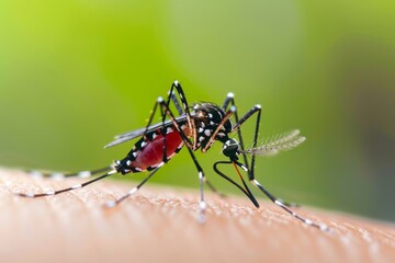 Fototapeta premium Photo of Dengue fever, a mosquito bites white boy's arm, mosquito's belly is red, full picture, shap phocus, 