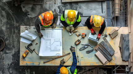 A top down view of group of construction workers wearing safety gear, gathered around a table with blueprints, a laptop, and various tools, discussing a project
