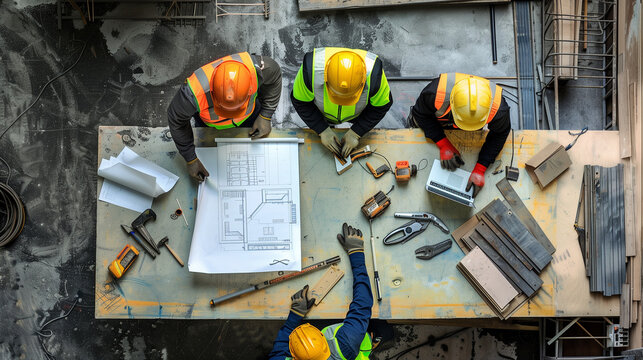 A top down view of group of construction workers wearing safety gear, gathered around a table with blueprints, a laptop, and various tools, discussing a project