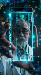 Healthcare and Medicine technology. Future medical tech. Online telemedicine. Medical video consultation with doctor through phone app. Remote Health diagnosis of man in digital clinic. Cardiology