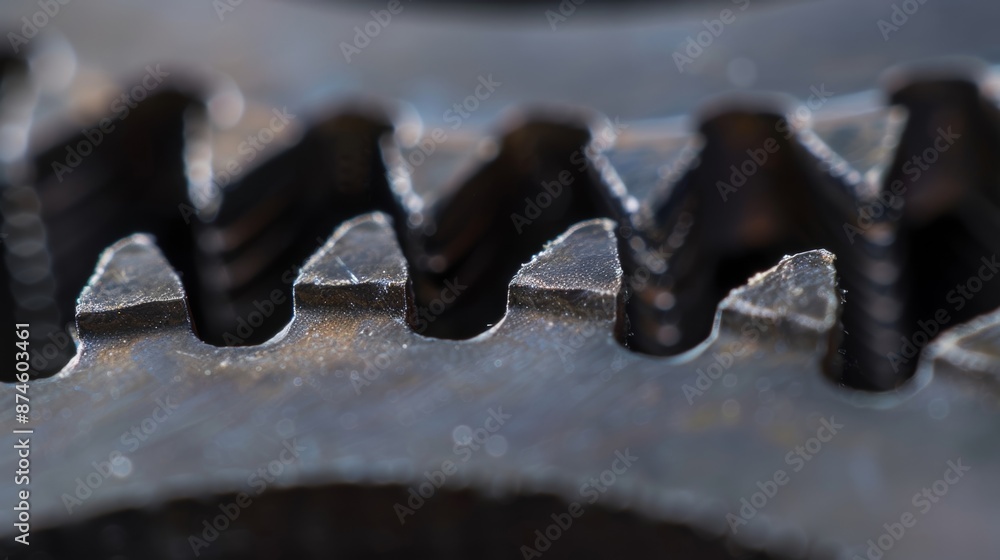 Poster an extreme closeup of the gear teeth highlighting the sharp edges and ridges that interlock to creat